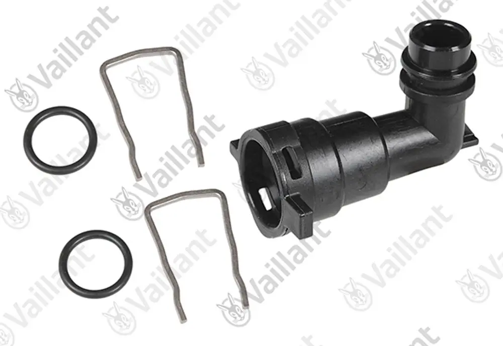 Vaillant Adapter aus schwarzem Kunststoff mit zwei Dichtungen, zwei Halteklammern und einem angeschlossenen Rohrsystem.